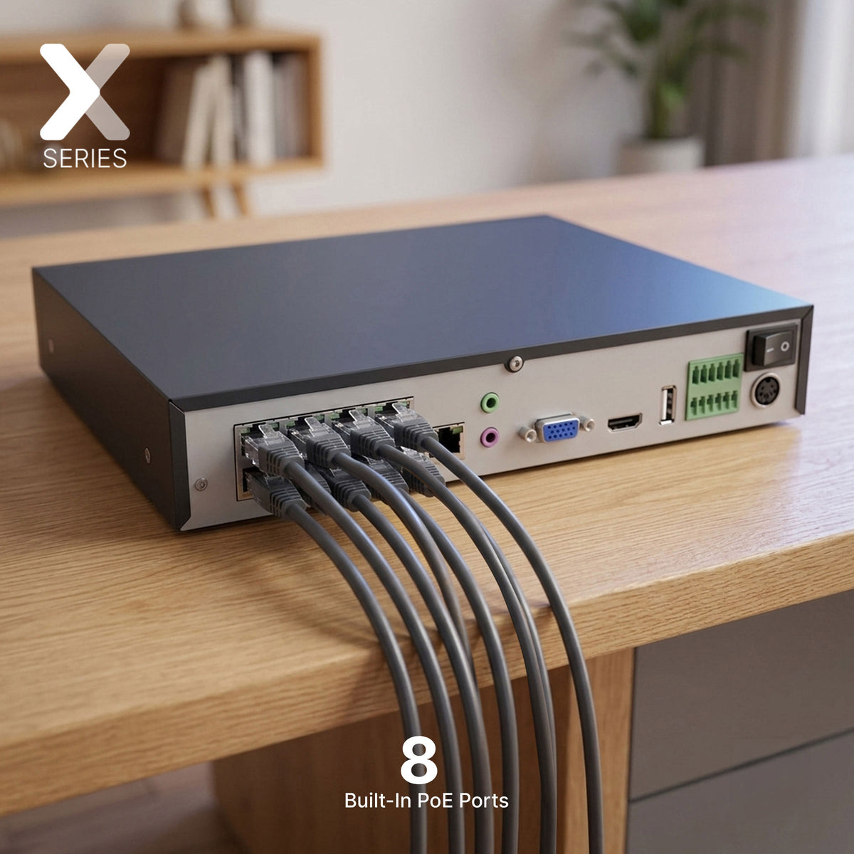 Rear view of 8 channel NVR with built-in PoE ports