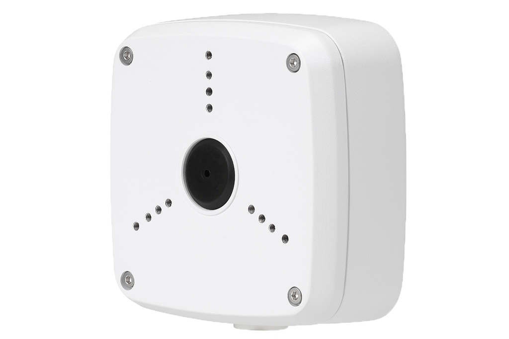 White metal outdoor square junction box cover with central round opening and multiple small holes for cables