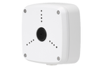 White metal outdoor square junction box cover with central round opening and multiple small holes for cables
