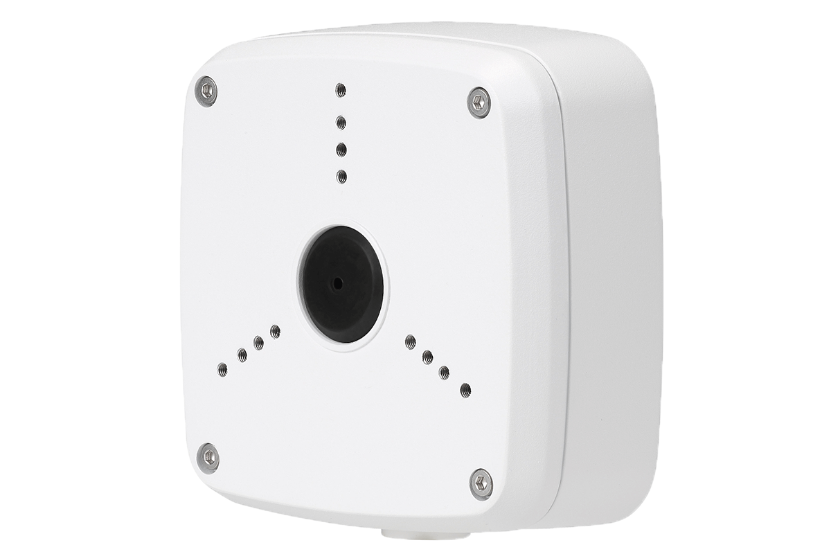 White metal outdoor square junction box cover with central round opening and multiple small holes for cables