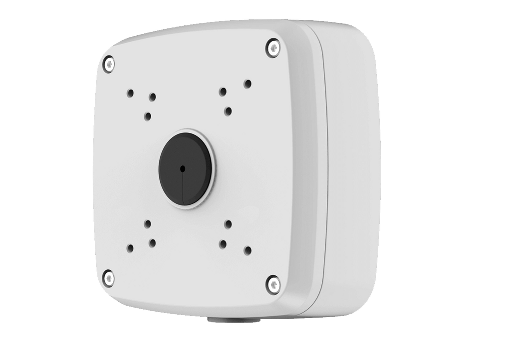 White metal outdoor square junction box with central circular mounting hub and four corner screws