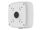 White metal outdoor square junction box with central circular mounting hub and four corner screws