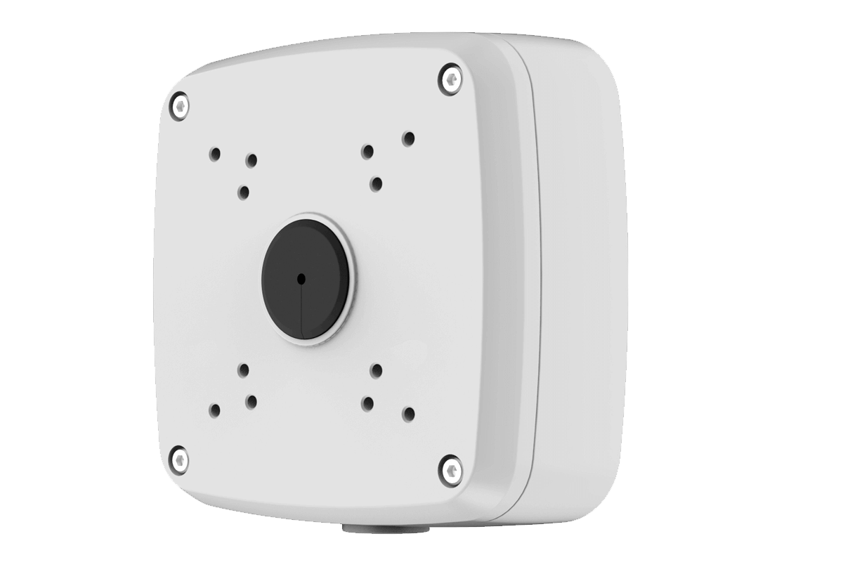 White metal outdoor square junction box with central circular mounting hub and four corner screws