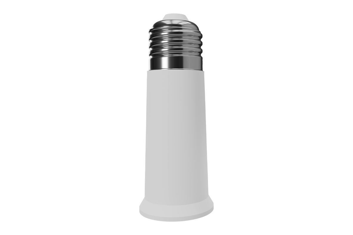 White cylindrical medium base lightbulb socket extender with a metal screw top