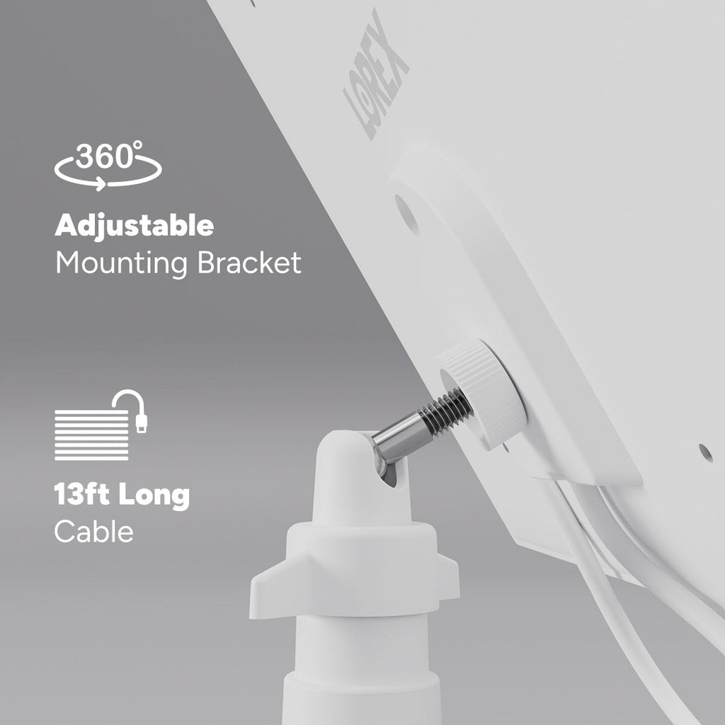 Close up of adjustable 360 degree mounting bracket on Lorex solar panel with a 13 ft cable.