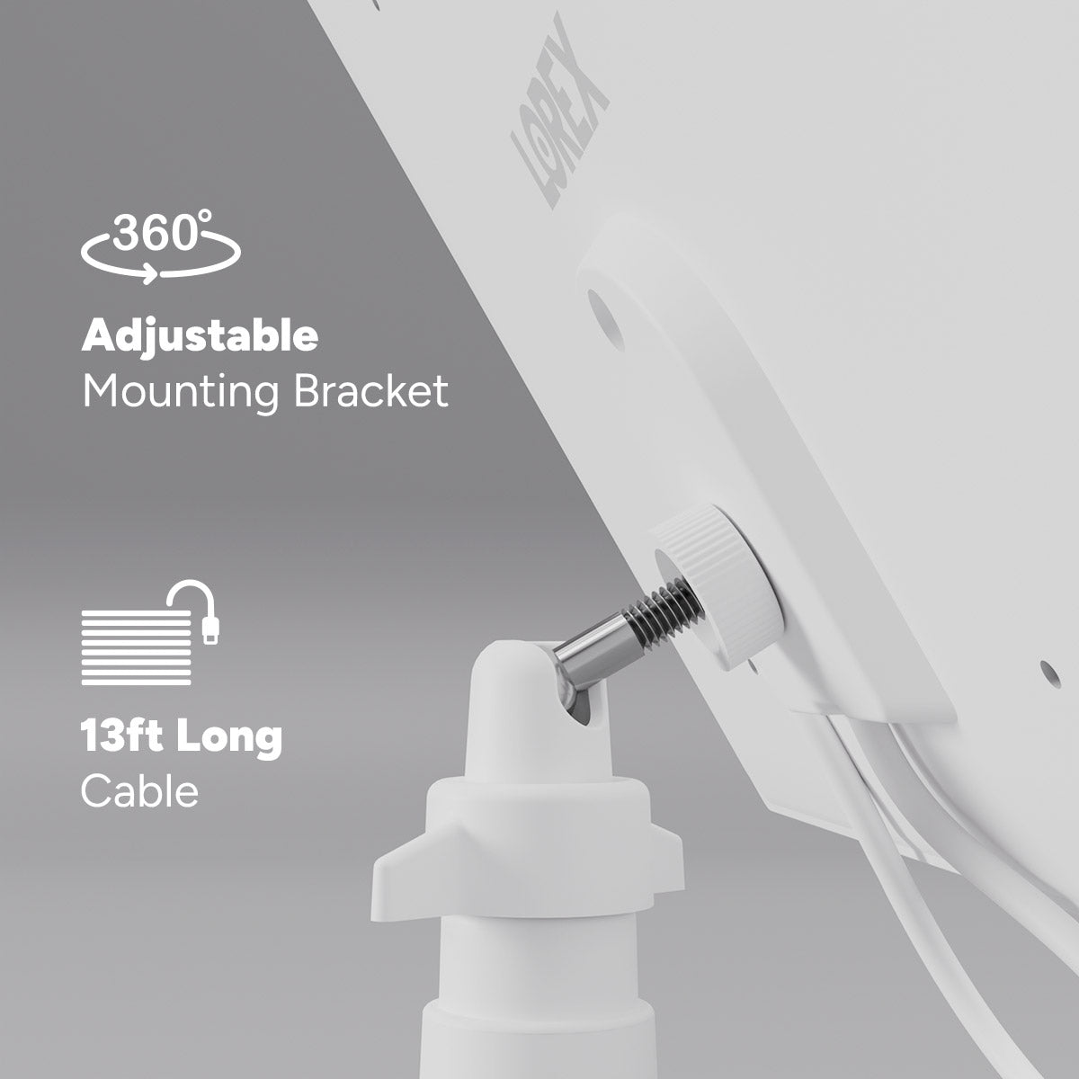 Close up of adjustable 360 degree mounting bracket on Lorex solar panel with a 13 ft cable.