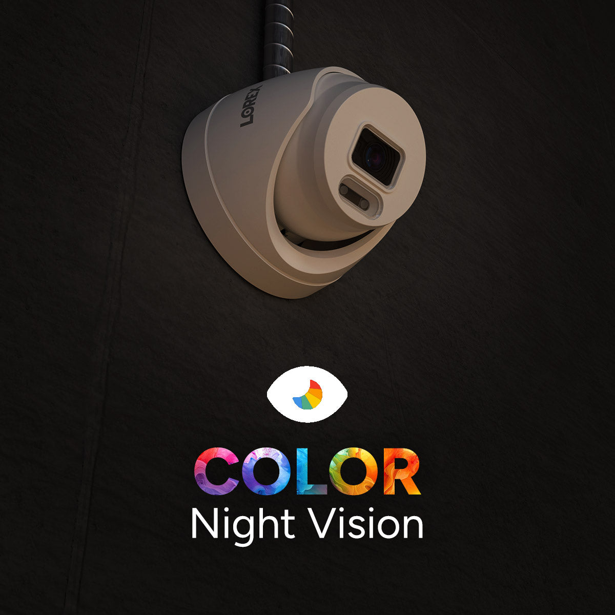 Close-up of a Lorex T1 camera with Color Night Vision branding on a dark background
