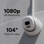 Close-up of a white Lorex T Series 1080p turret security camera showing a 104-degree field of view