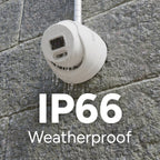 Lorex T1 security camera mounted on a textured stone wall with IP66 Weatherproof label