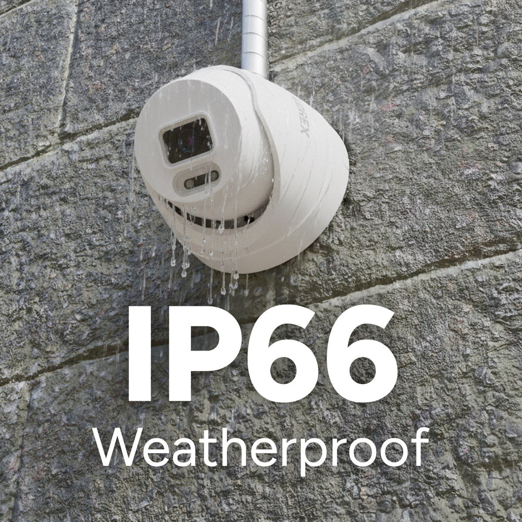 Lorex T1 security camera mounted on a textured stone wall with IP66 Weatherproof label