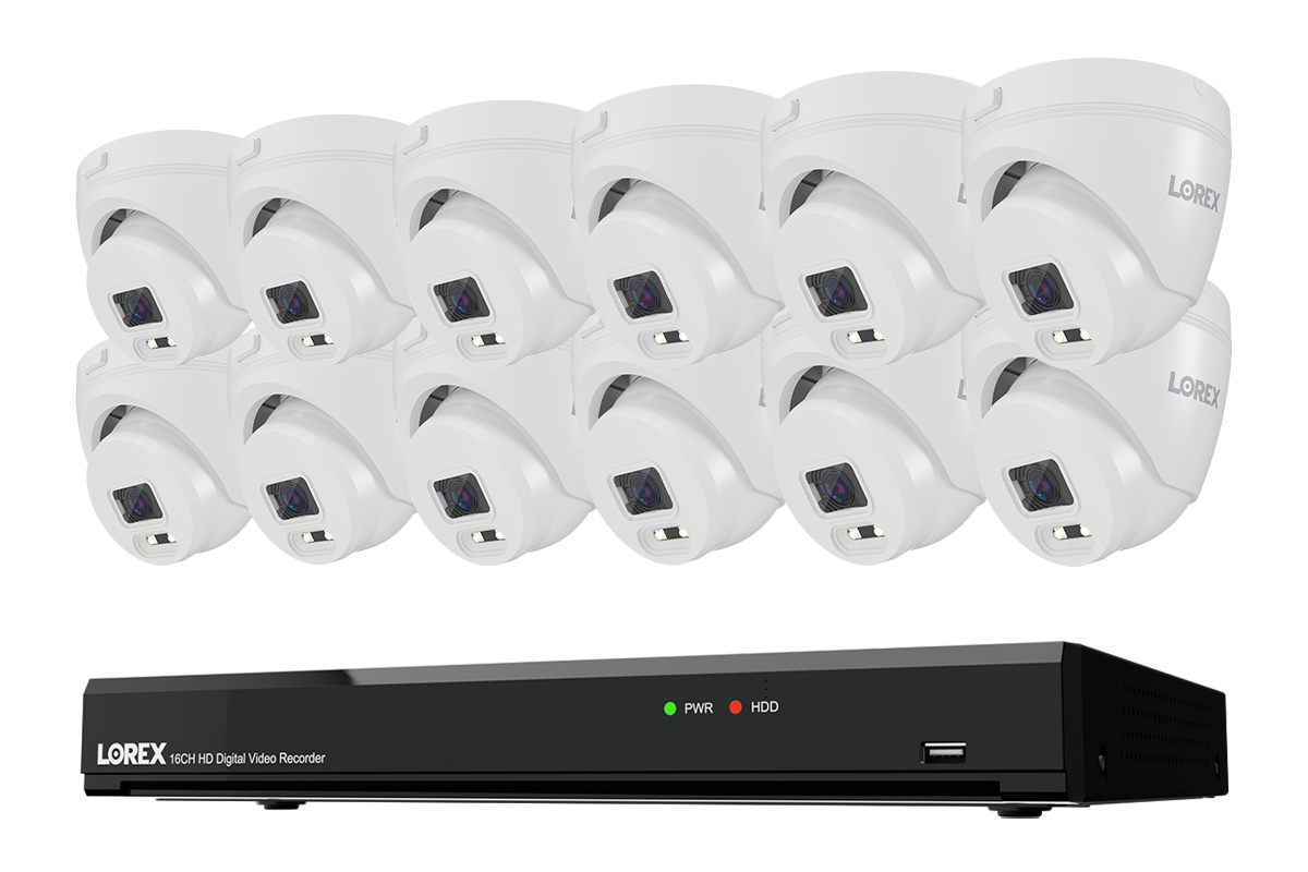 Lorex Connect T Series 16-channel DVR system with white T1 1080p turret cameras, 12-camera option