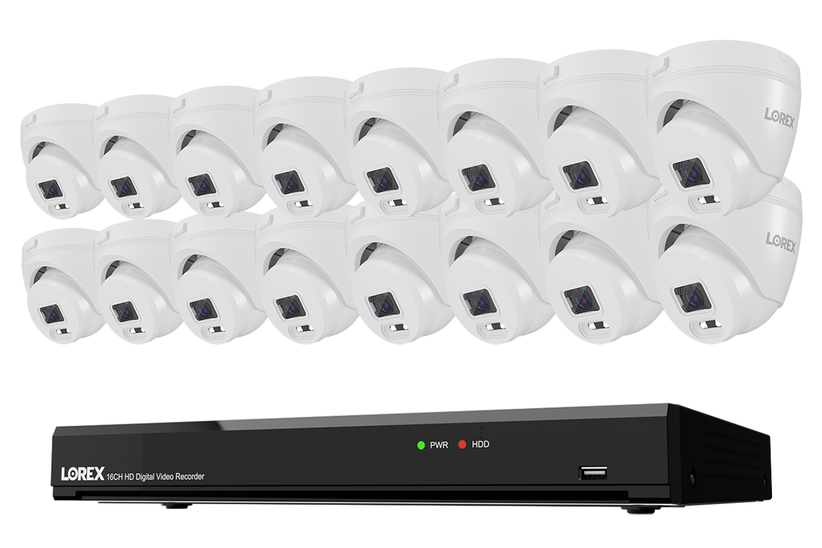 Lorex Connect T Series 16-channel DVR system with white T1 1080p turret cameras, 16-camera option