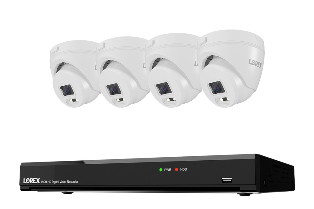 Lorex Connect T Series 16-channel DVR system with white T1 1080p turret cameras, 4-camera option