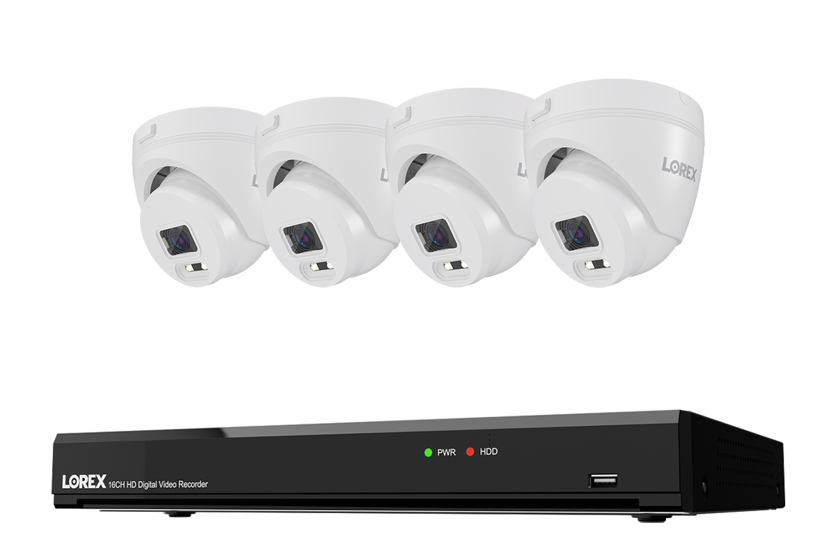 Lorex Connect T Series 16-channel DVR system with white T1 1080p turret cameras, 4-camera option