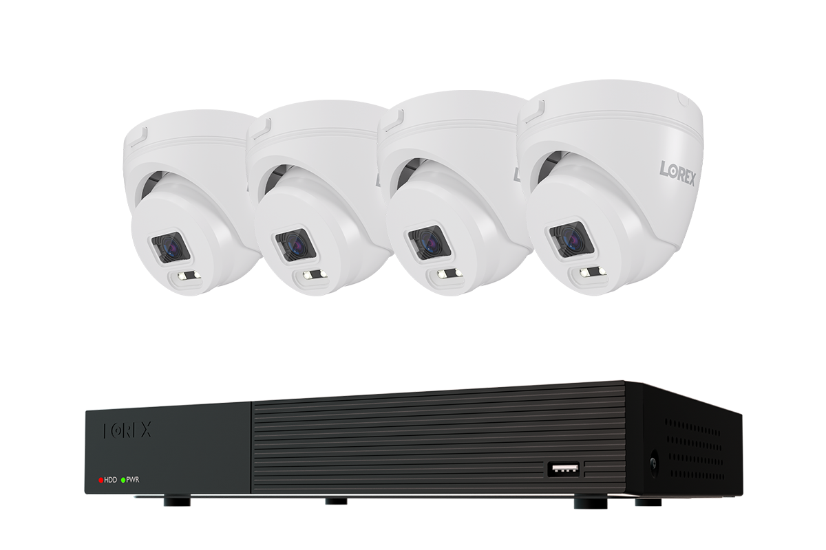 Lorex Connect T Series 8-channel DVR system with white T1 1080p turret cameras, 4-camera option