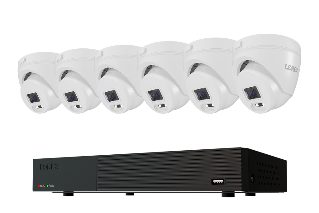 Lorex Connect T Series 1080p 8-channel DVR system with white T1 turret cameras, 6-camera option