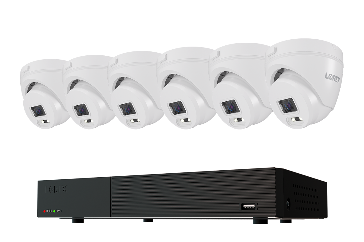 Lorex Connect T Series 1080p 8-channel DVR system with white T1 turret cameras, 6-camera option