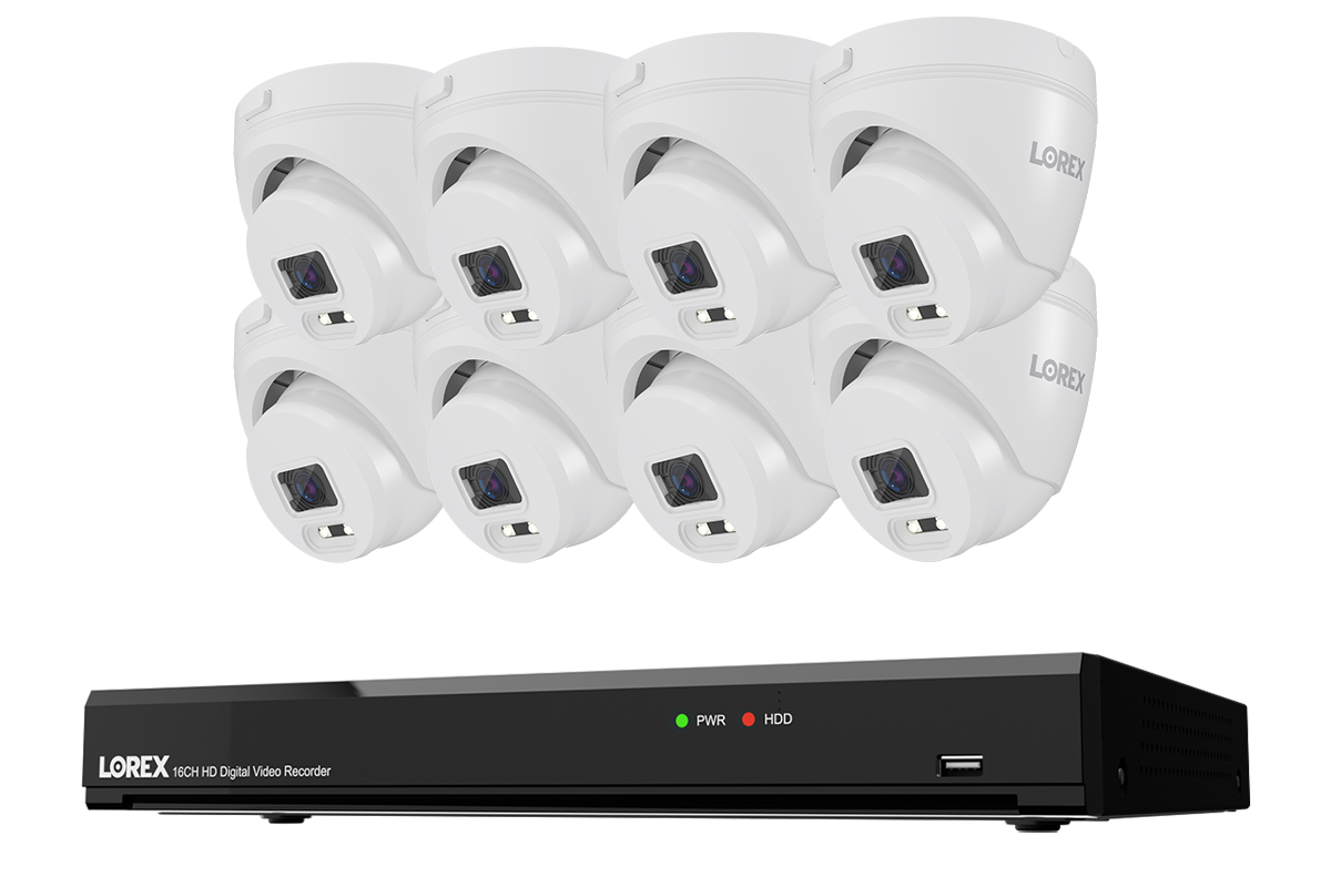 Lorex Connect T Series 16-channel DVR system with white T1 1080p turret cameras, 8-camera option