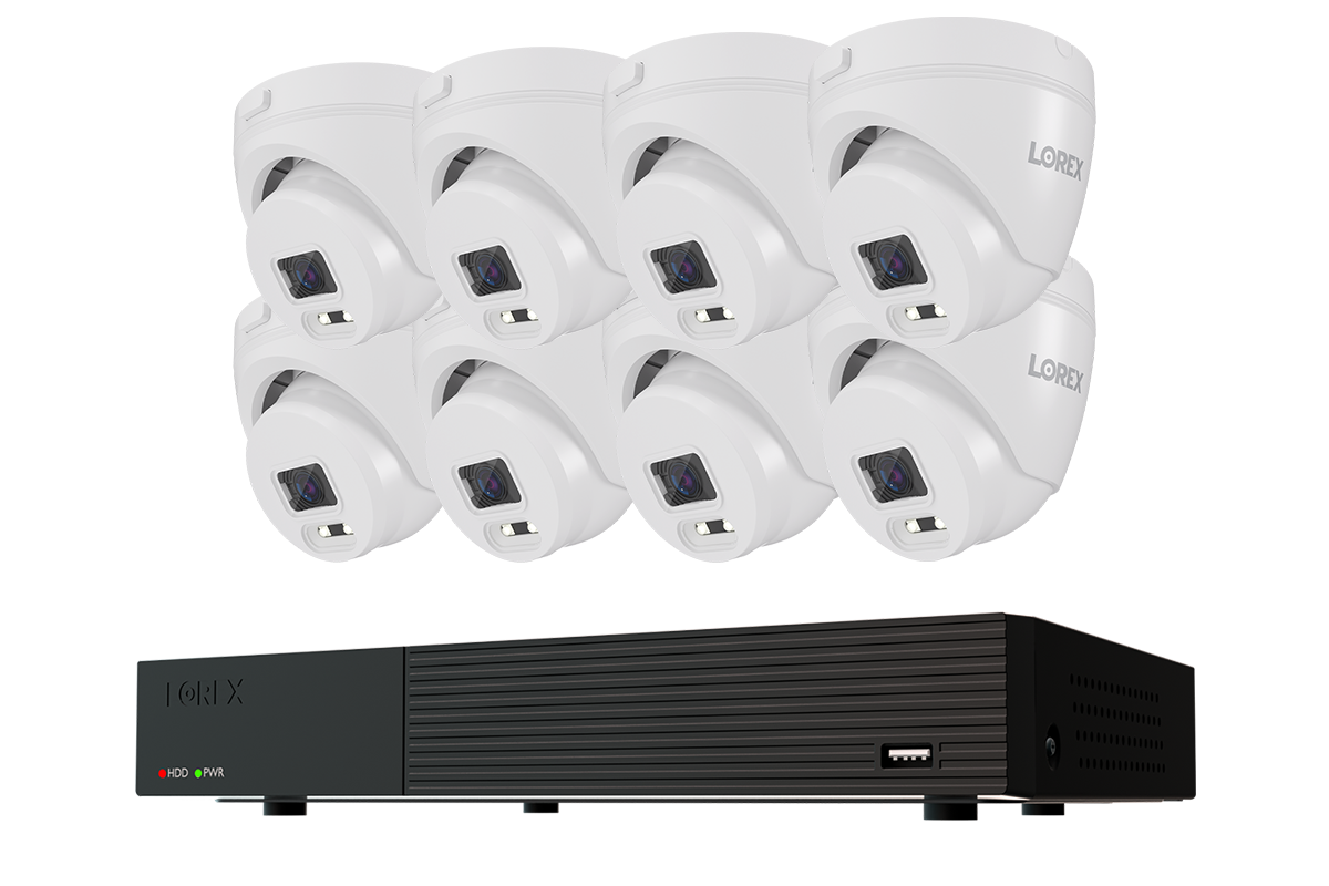 Lorex Connect T Series 8-channel DVR system with white T1 1080p turret cameras, 8-camera option