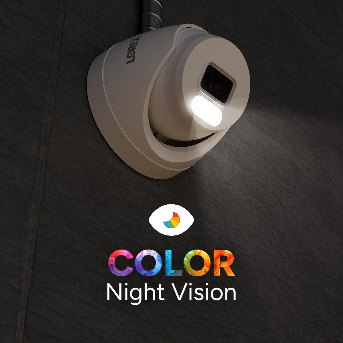 Lorex T5 turret camera with COLOR Night Vision graphic on a dark background