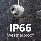 Lorex weatherproof T5 camera mounted on a stone wall with water droplets and IP66 label