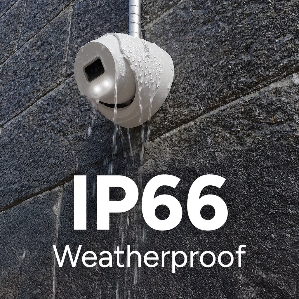 Lorex weatherproof T5 camera mounted on a stone wall with water droplets and IP66 label