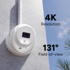 Lorex T Series turret camera mounted on a wall with 4K resolution and 131 degree field of view text