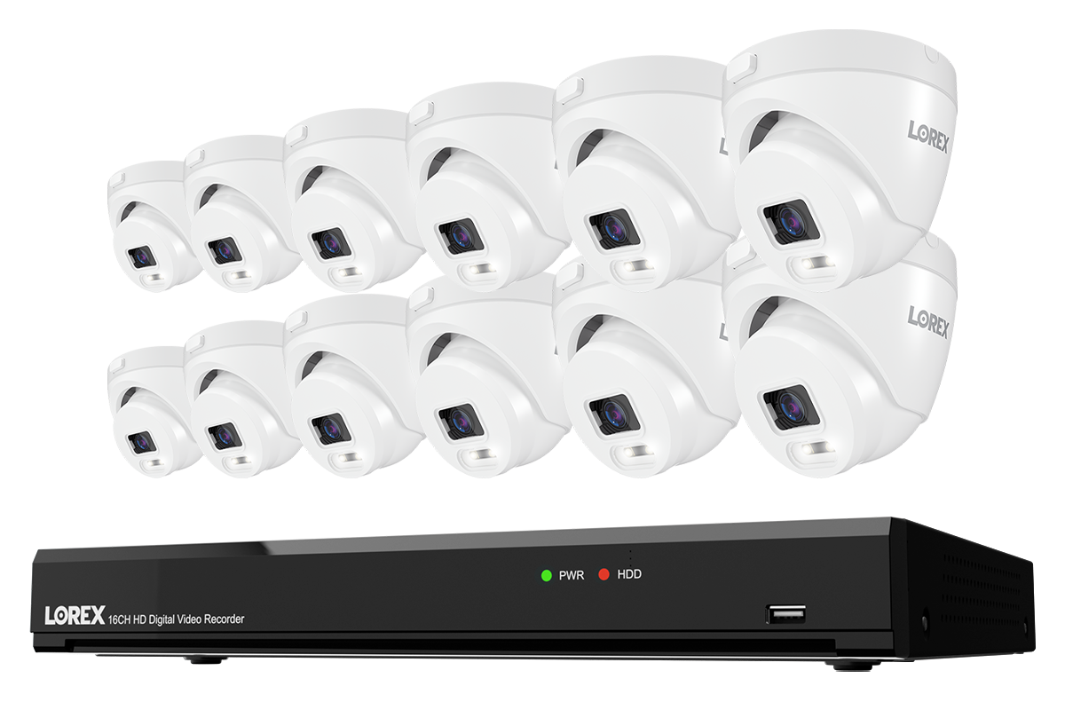 Lorex Connect T Series 16-channel DVR system with white T5 4K turret cameras, 12-camera option
