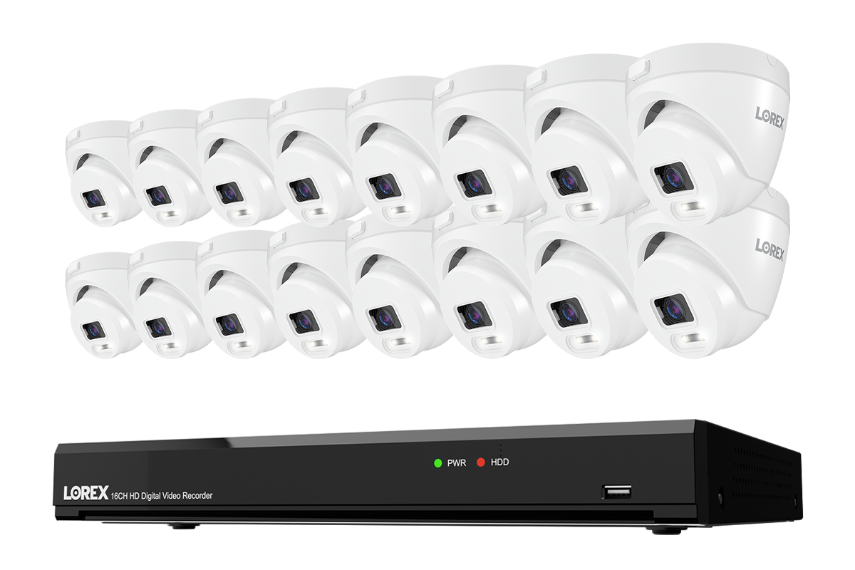 Lorex Connect T Series 16-channel DVR system with white T5 4K turret cameras, 16-camera option