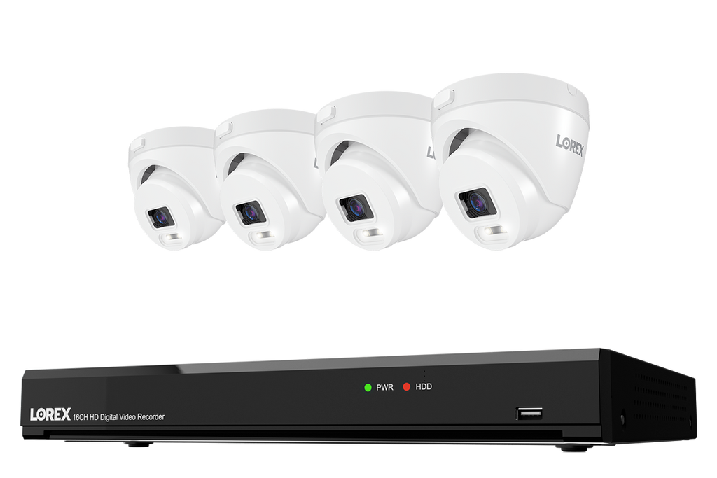 Lorex Connect T Series 16-channel DVR system with white T5 4K turret cameras, 4-camera option