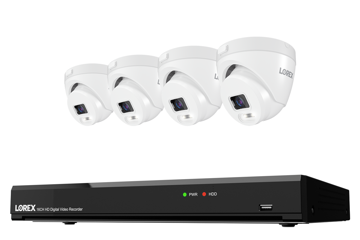 Lorex Connect T Series 16-channel DVR system with white T5 4K turret cameras, 4-camera option