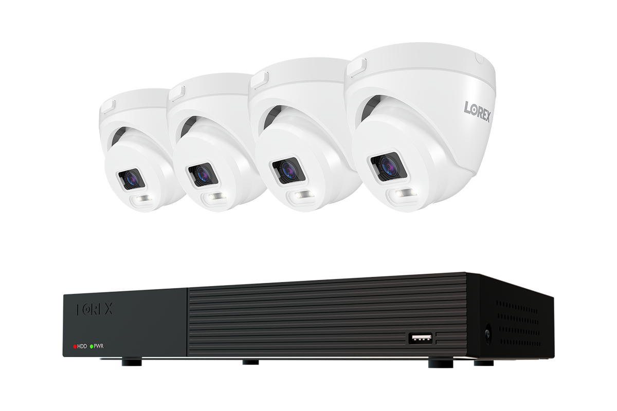 Lorex Connect T Series 8-channel DVR system with white T5 4K turret cameras, 4-camera option