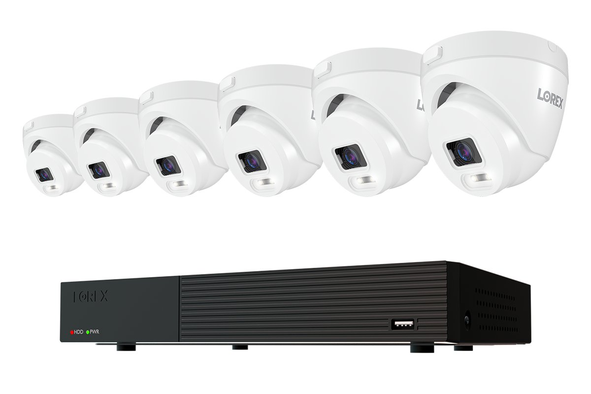 Lorex Connect T Series 8-channel DVR system with white T5 4K turret cameras, 6-camera option