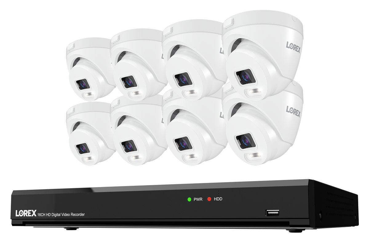 Lorex Connect T Series 16-channel DVR system with white T5 4K turret cameras, 8-camera option