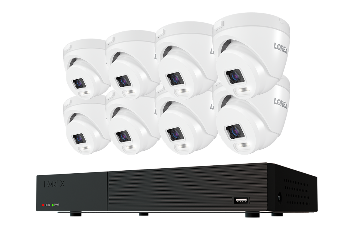 Lorex Connect T Series 8-channel DVR system with white T5 4K turret cameras, 8-camera option