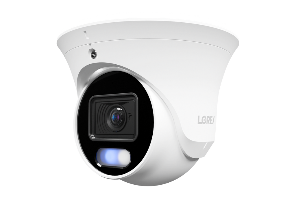 Lorex Connect U3 2K+ PoE turret camera with red and blue deterrence lights