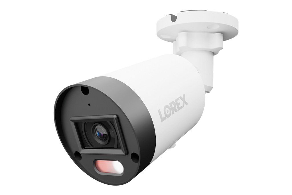 Lorex Connect U3 4K PoE bullet camera with white housing and red and blue deterrence lights