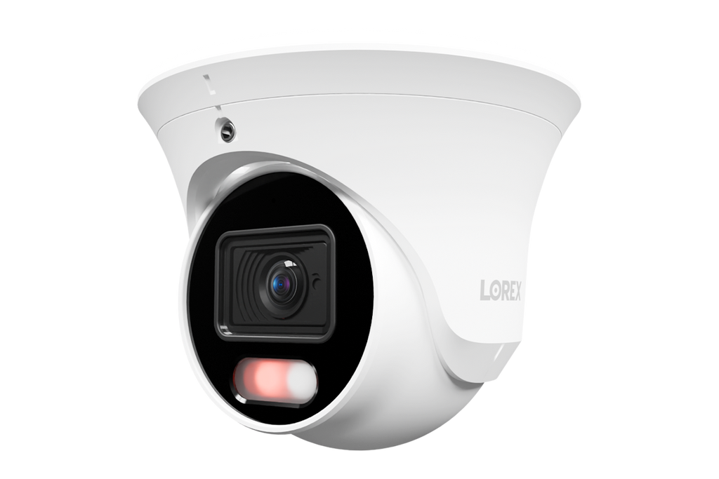 Lorex U3 4K PoE turret security camera with red and blue deterrence lights