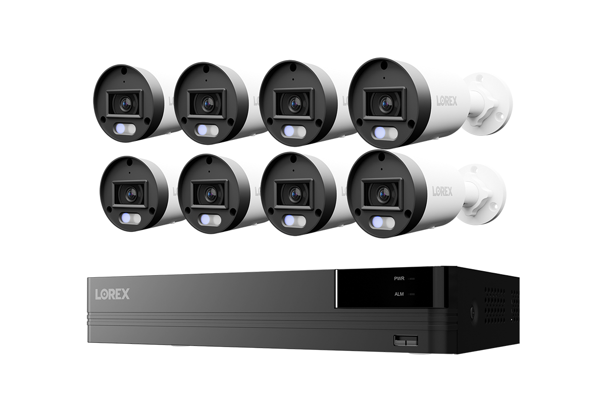 Lorex Connect U Series 8-channel NVR system with white U3 2K+ PoE bullet cameras, 8-camera option
