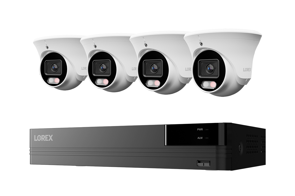 Lorex Connect U Series 8-channel NVR system with white U3 2K+ PoE turret cameras, 4-camera option
