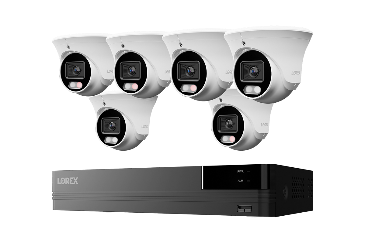 Lorex Connect U Series 8-channel NVR system with white U3 4K PoE turret cameras, 6-camera option