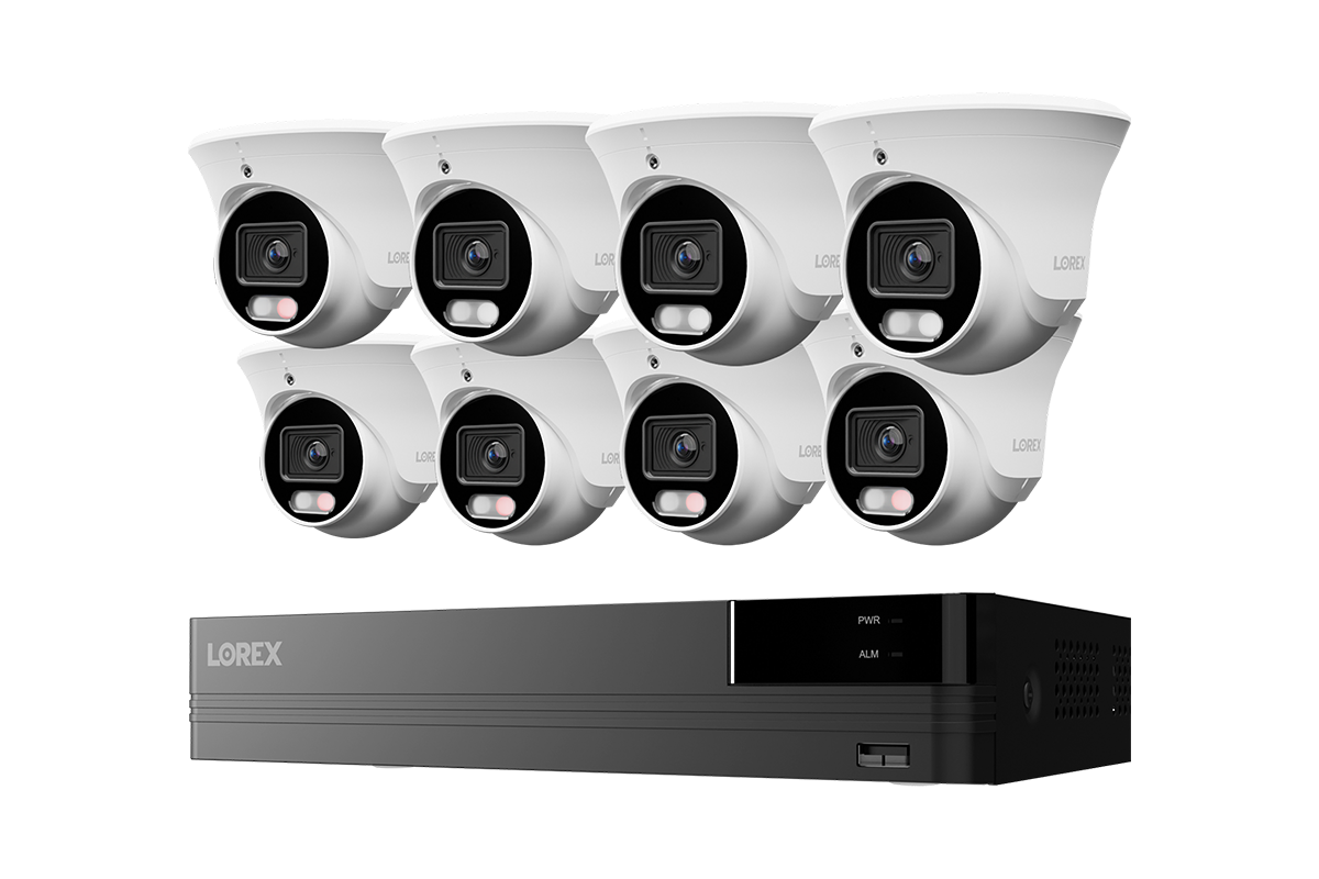 Lorex Connect U Series 8-channel NVR system with white U3 4K PoE turret cameras, 8-camera option