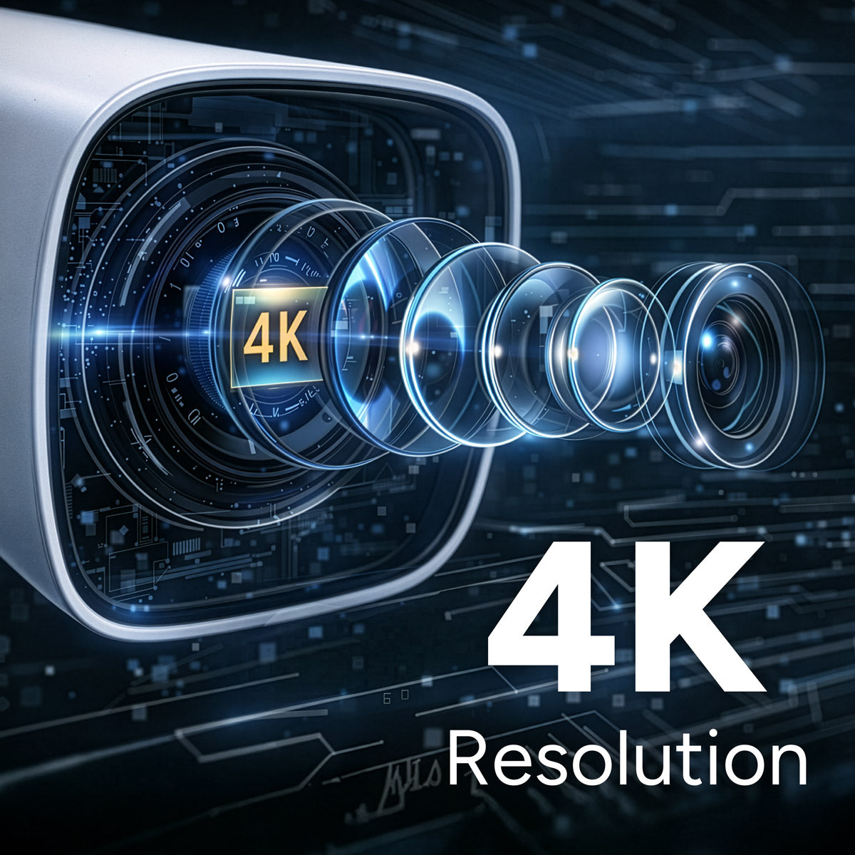 Close-up of a 4K surveillance camera lens inside a silver housing