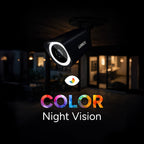 Outdoor security camera at night with COLOR Night Vision text