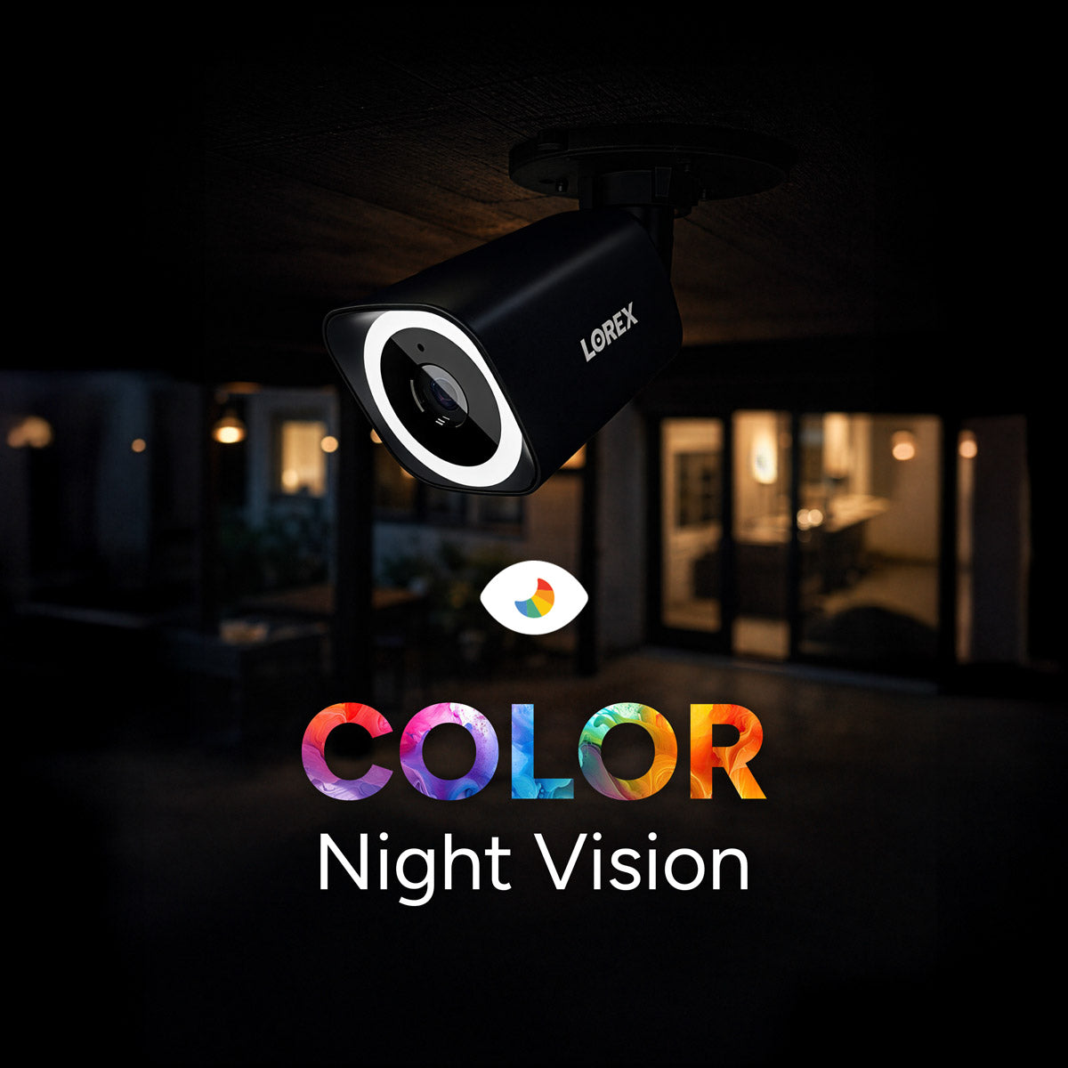 Outdoor security camera at night with COLOR Night Vision text