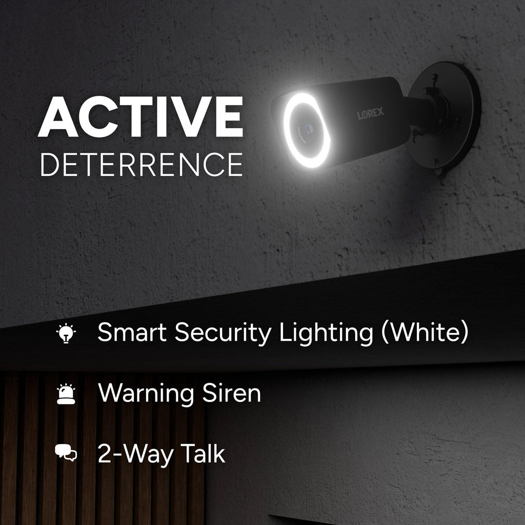 Wall-mounted camera with a bright white ring light for active deterrence