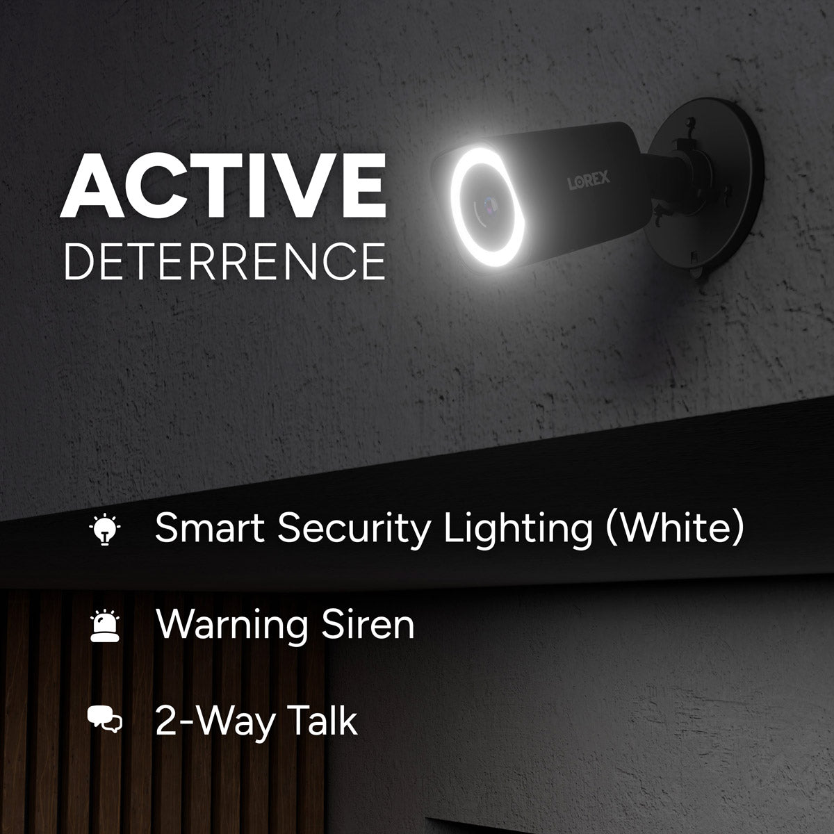 Wall-mounted camera with a bright white ring light for active deterrence
