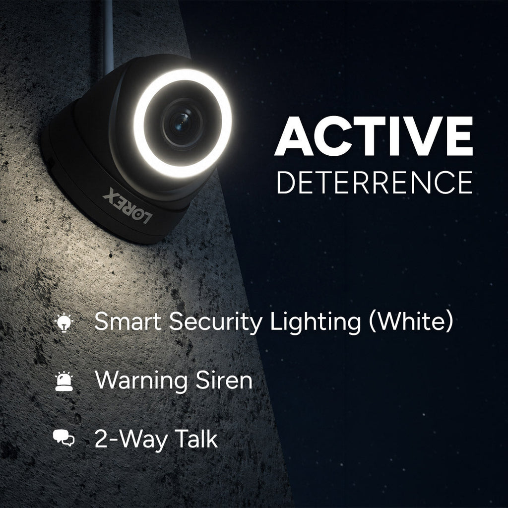 Lorex security camera mounted on a wall at night with a bright ring light for active deterrence