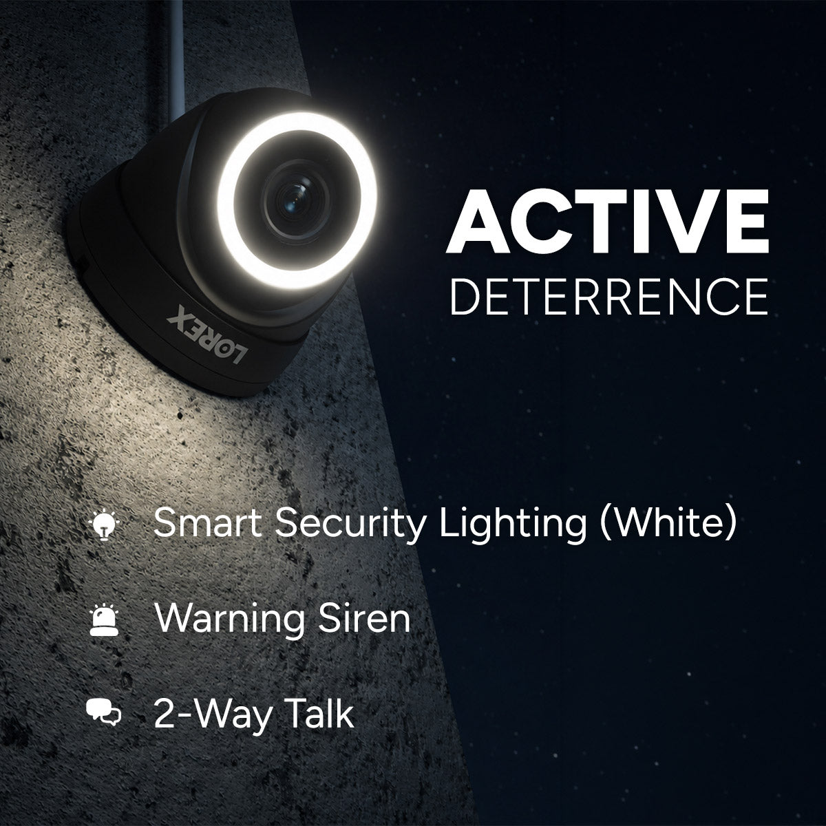 Lorex security camera mounted on a wall at night with a bright ring light for active deterrence