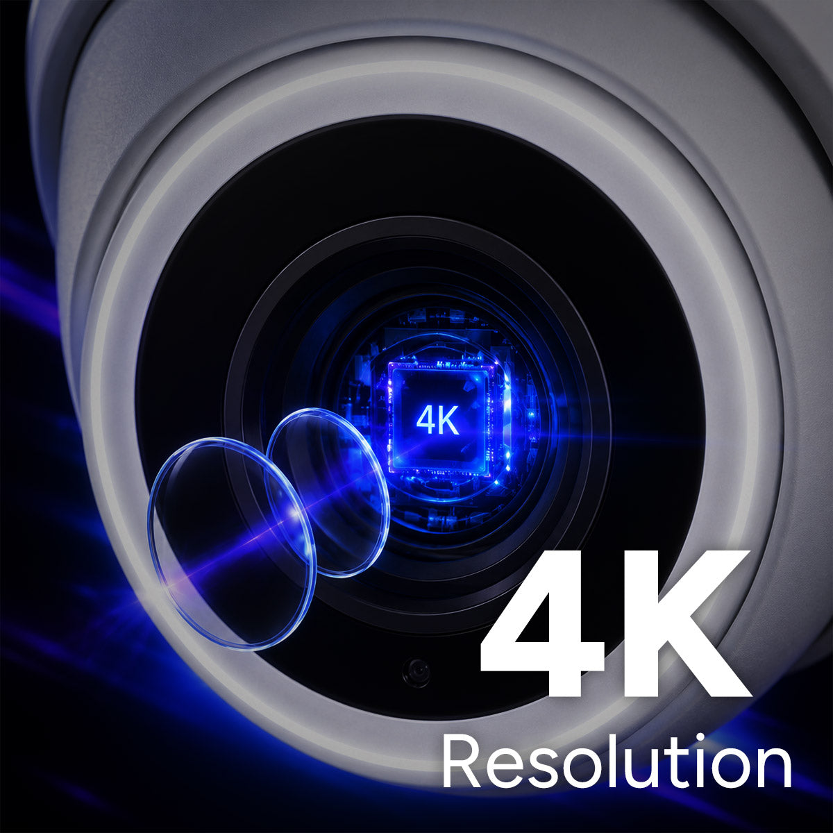 Close-up of a Lorex 4K security camera lens with blue glow